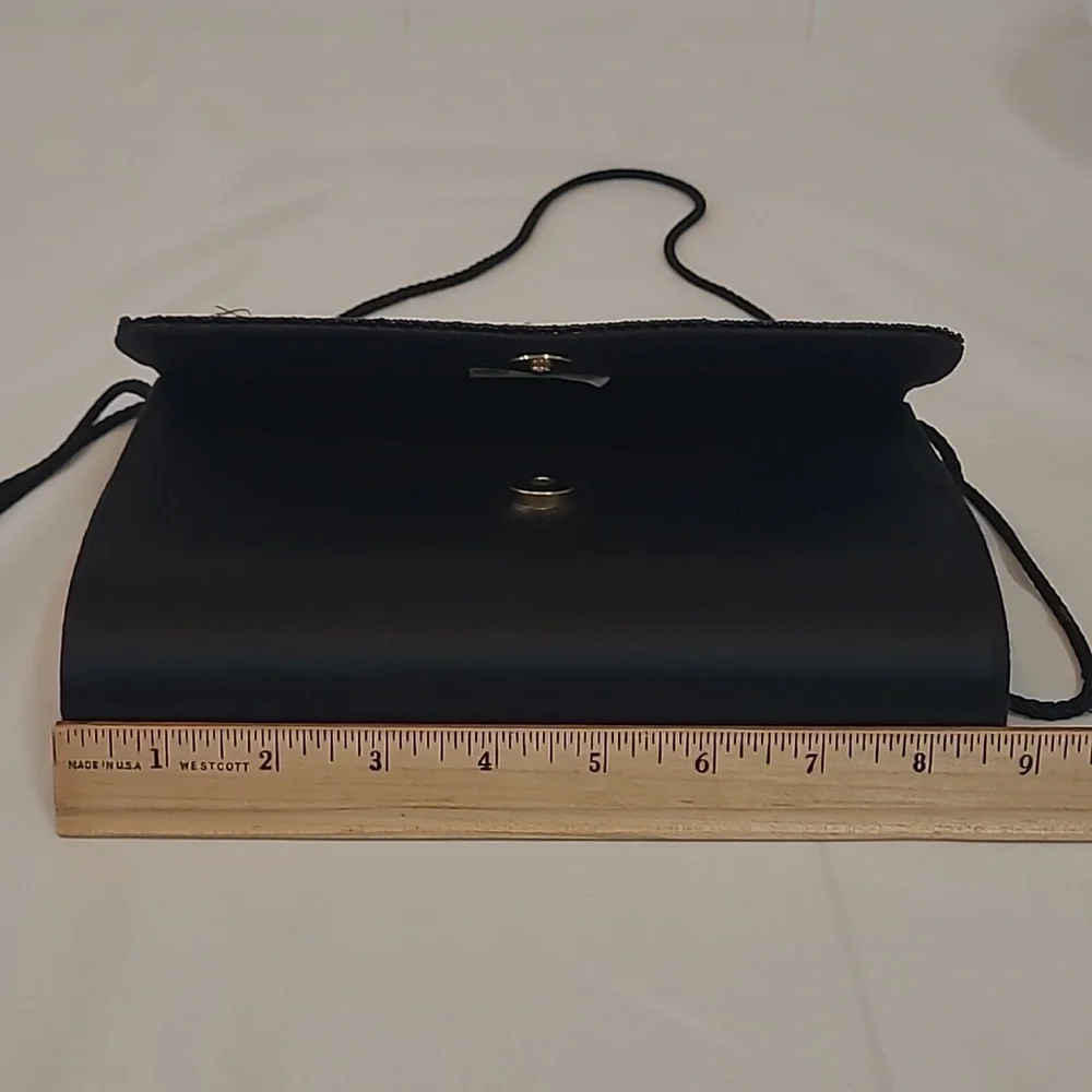 Carolyne Barton Beaded Vintage Shoulder Bag Black Satin Snap Closure Black Cord